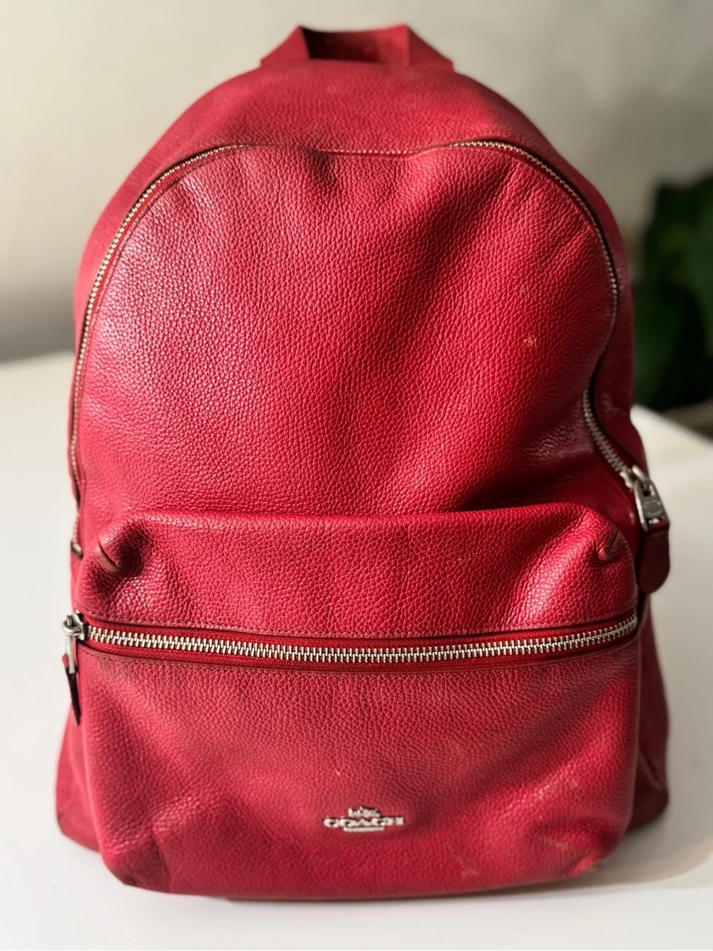 Coach Large Red Pebbled Leather Zip-Front Backpack